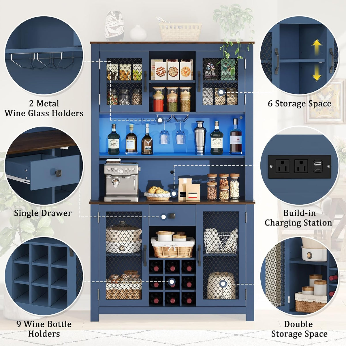 70.9” Farmhouse Kitchen Pantry Cabinet with LED Light & Power Outlets, Rustic Buffet Hutch with Wine Rack Glass Holder Drawer and Adjustable Shelves for Dining Room Coffee Bar Blue