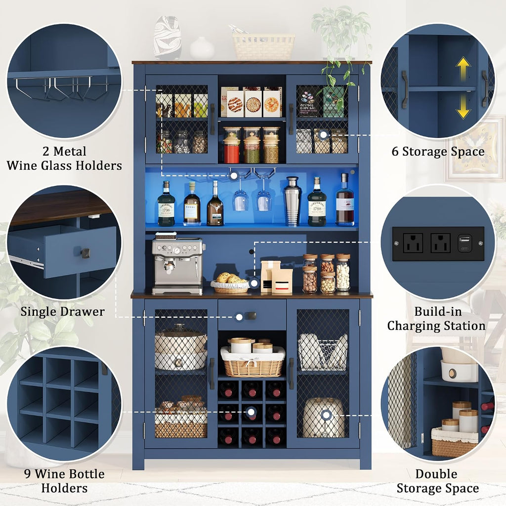 Merax 70.9" Tall Kitchen Pantry Storage Cabinet with Charging Station and LED Lights, Rustic Kitchen Hutch Food Pantries with Wine Rack, Drawer & Adjustable Shelves for Dining Room, Navy Blue