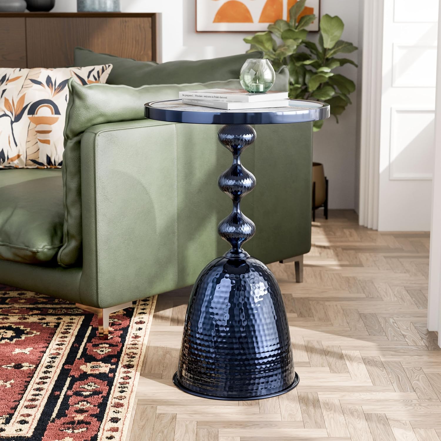 Homes: Inside + Out Halric Modern 25" Tall Round End Table with Decorated Tabletop and Iron Metal Base, Accent Furniture, Elegant Pedestal Stand for Living Room, Home Office, Chrome Blue