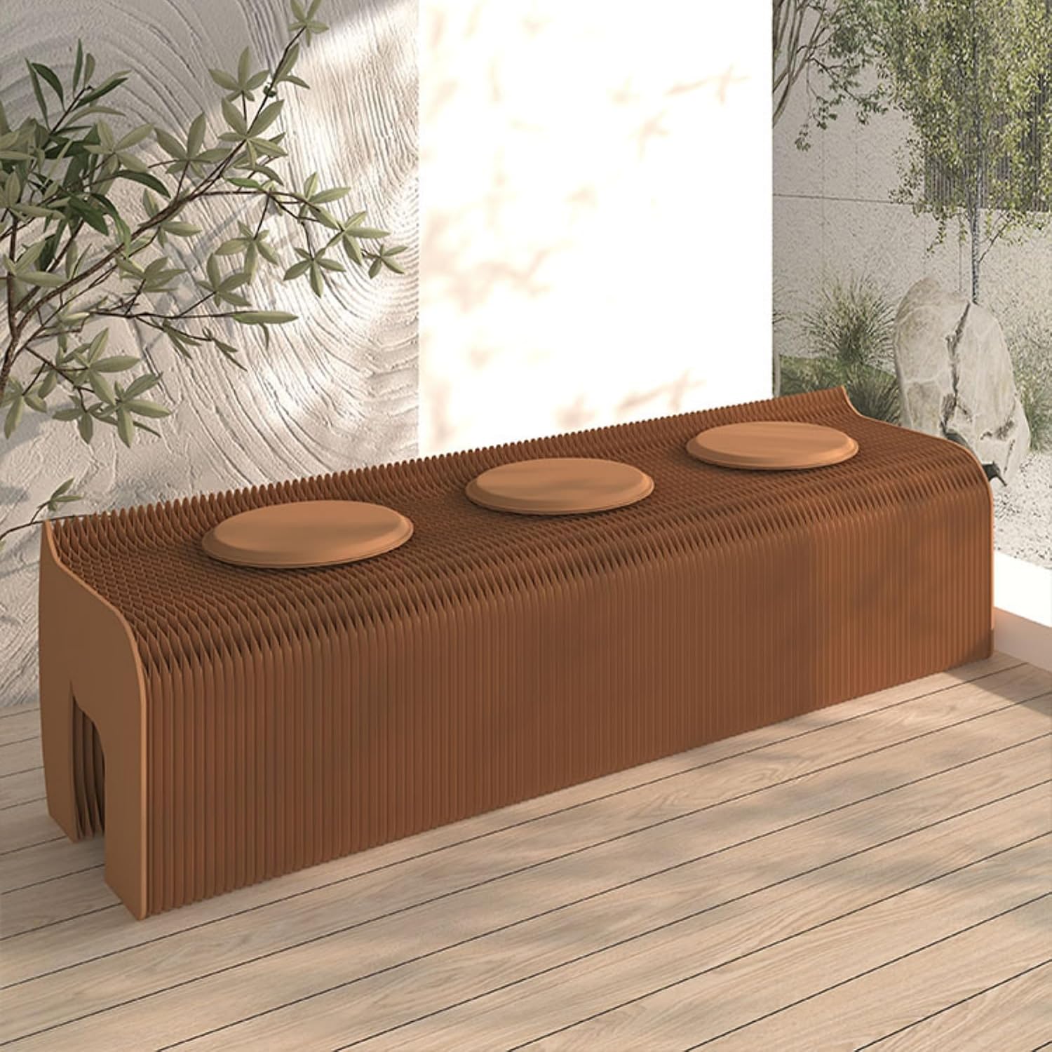 Modern Accordion Folding Paper Stool with 3 Cushions, Portable & Durable Honeycomb Kraft Paper Bench Chair for Living Room, Dining, Office, Kitchen, Eco-Friendly Decorative Foot Stool (Brown, 39~59in)