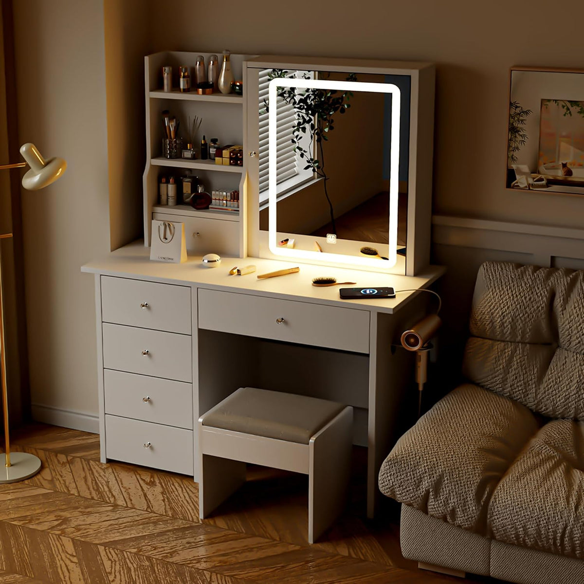 Vanity Desk with Mirror and LED Lights, Makeup Vanity Set with Power Outlet, and Stool,Jewelry Storage,White Vanity Desk for Bedroom