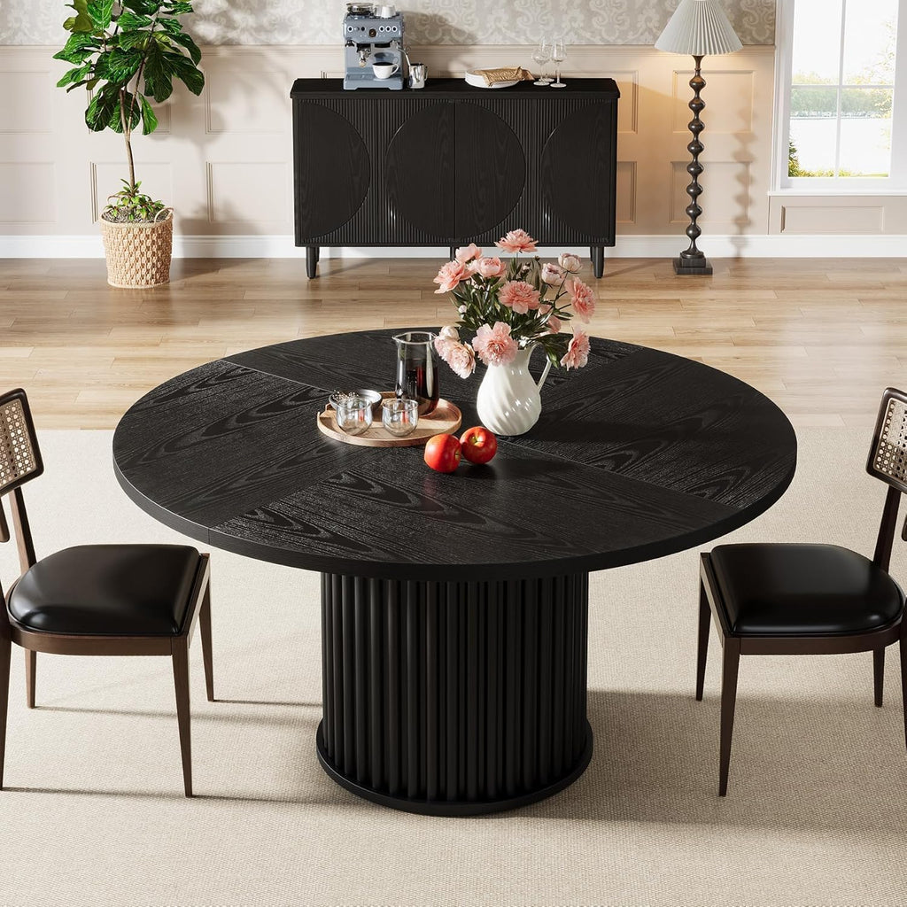 Tribesigns 47.24" Black Round Dining Table for 4-6 People | Modern Fluted MDF + Metal Base Kitchen Table, Sturdy Circle Dining Room Furniture, Easy Assembly, Black