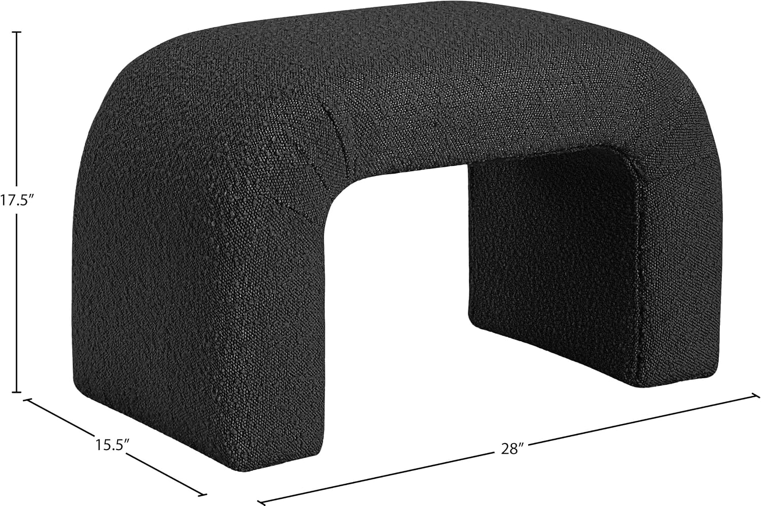 Meridian Furniture 169Black Niagara Collection Modern | Contemporary Boucle Fabric Upholstered Bench with Rich Black Boucle Fabric, Curved Contemporary Design, 28" W x 15.5" D x 17.5" H, Black