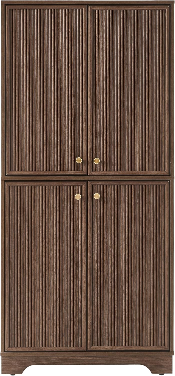 Crosley Furniture Naomi Modern Reeded Kitchen Pantry Storage Cabinet, Dining, Laundry Room, Bathroom, Walnut