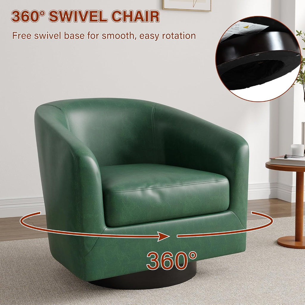 Lumibee Faux Leather Swivel Barrel Chairs Set of 2, Upholstered Comfy Round Swivel Accent Chair, 360° Rotation Single Sofa Club Armchair for Living Room, Reading Room, Bedroom, Green