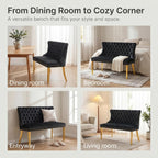 Upholstered Dining Bench with Back, Black, Gold Finish Steel Legs | Tufted Loveseat Bench with Nailhead Trim, Banquette Seating for Dining Room, Entryway