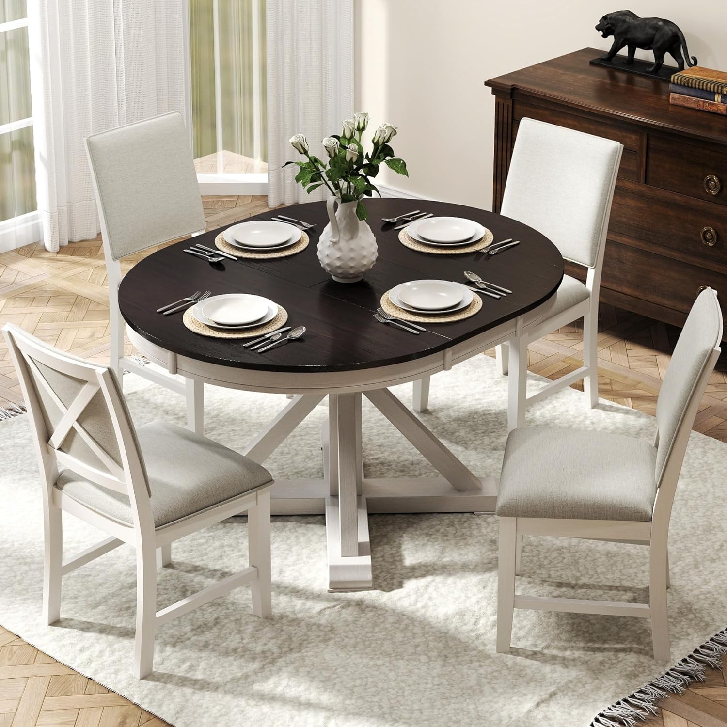 Farmhouse Dining Chairs Set of 2 Upholstered Kitchen Chairs with Cross Back Armless Wooden Side Chairs for Dining Room, Living Room, Reception (Grey Linen + White Frame)