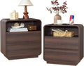 Standifurno Modern Nightstand Set of 2, 23.2" Wide Wood Bedside Table with Charging Station, 2 Storage Drawers Side Table Curved Profile, Handleless, Large End Table Night Stand for Bedroom, Walnut