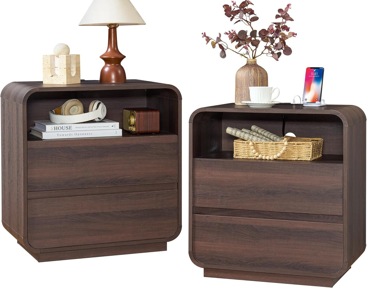Standifurno Modern Nightstand Set of 2, 23.2" Wide Wood Bedside Table with Charging Station, 2 Storage Drawers Side Table Curved Profile, Handleless, Large End Table Night Stand for Bedroom, Walnut