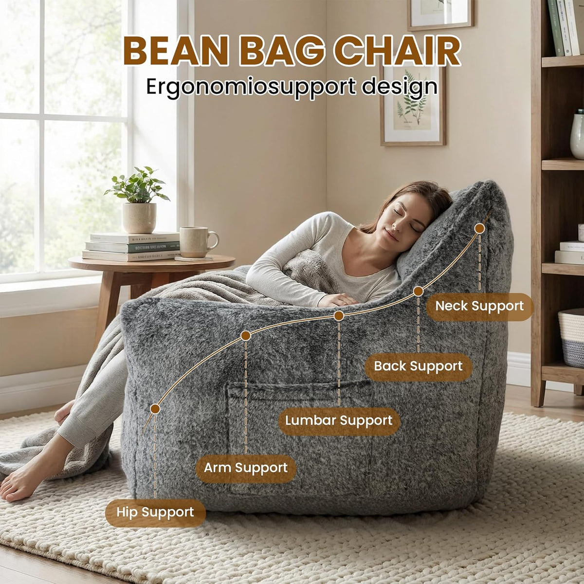 Cvortll Bean Bag Chair, Bean Bag Sofa, Faux Fur Bean Bag Chairs,with armrests and a Sturdy backrest, Suitable for Apartments, Living Rooms, bedrooms, Games, Reading (Gray)