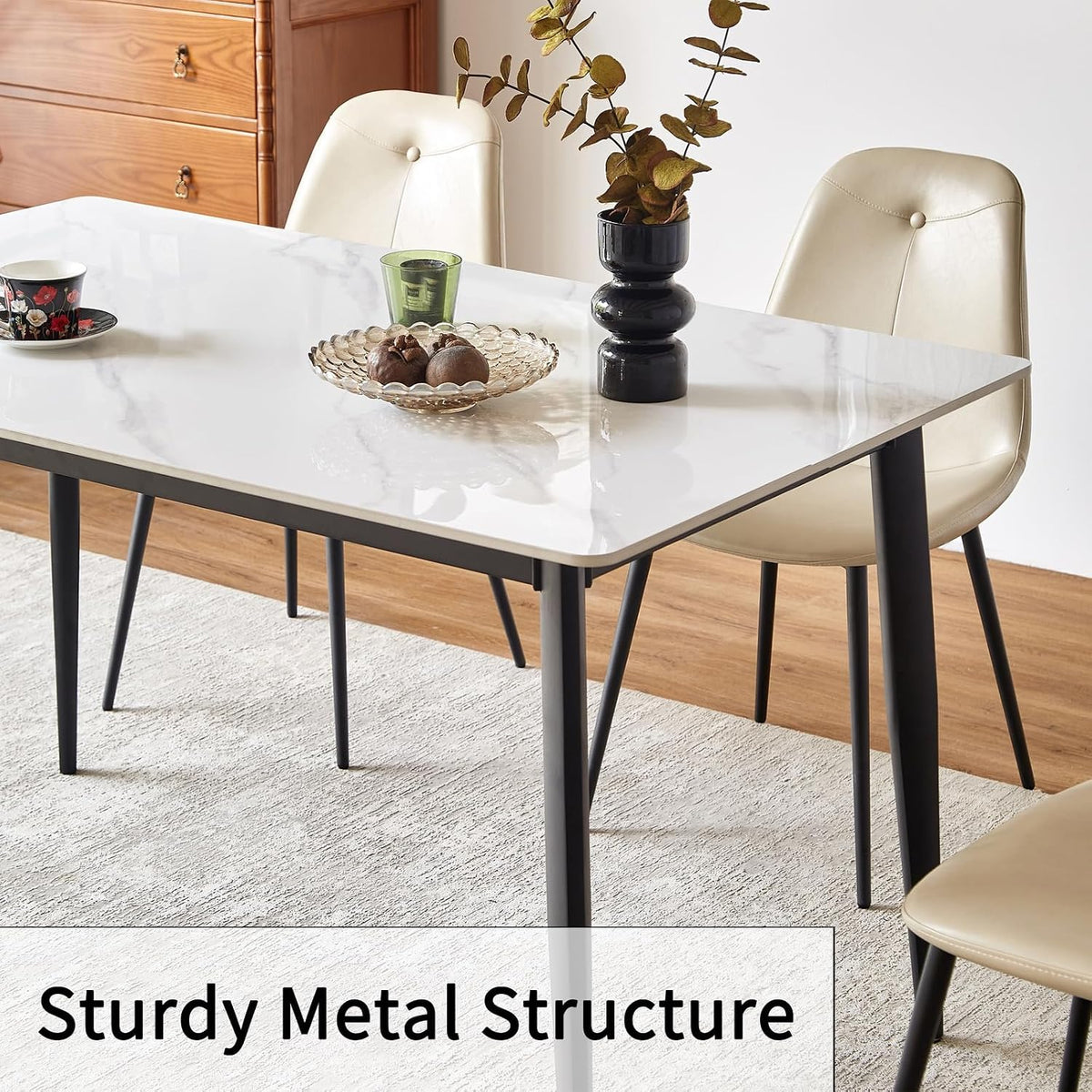 Sintered Stone Dining Table, Faux Marble Dining Table for 4-6 People, 55" Rectangular White Kitchen Table with Porcelain Table Top and Metal Legs for Living Room(1 Table Only)