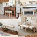 LUE BONA Upholstered Fabric Vanity Bench Seat, Makeup Stools for Vanity, Square Tufted Ottoman Bench with Carved Wood Color Legs for Bedroom Living Room, Linen Color