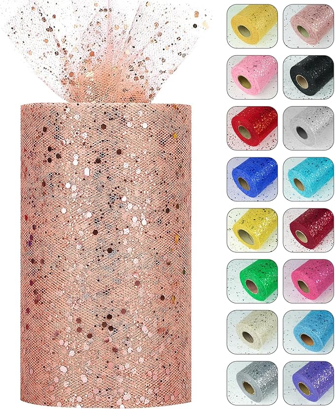 Glitter Tulle Rolls, 6” by 50 Yards (150FT) Sparkling Tulle Spool Ribbon Sequin Tulle Netting Fabric for Tutu Skirt Wedding Birthday Baby Shower (Rose Gold)
