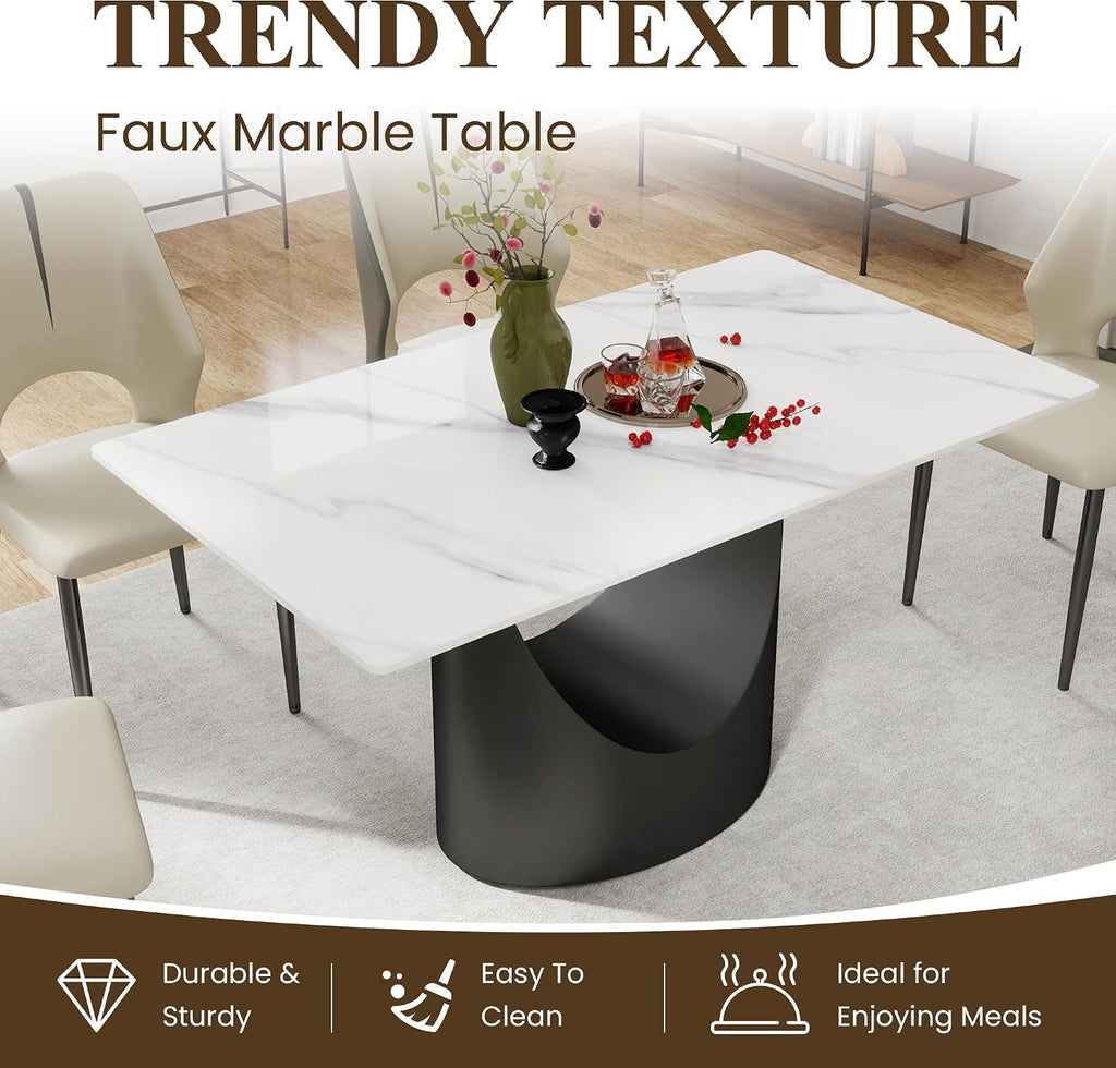 55" Modern Dining Table for 4-6, White Rectangle Dining Table, Sintered Stone Dining Tabletop with U-Shape Carbon Steel Pedestal (Table Only)