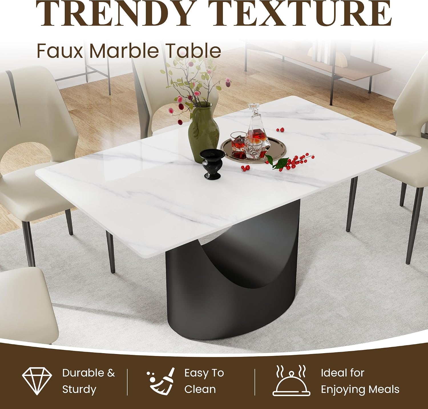 55" Modern Dining Table for 4-6, White Rectangle Dining Table, Sintered Stone Dining Tabletop with U-Shape Carbon Steel Pedestal (Table Only)