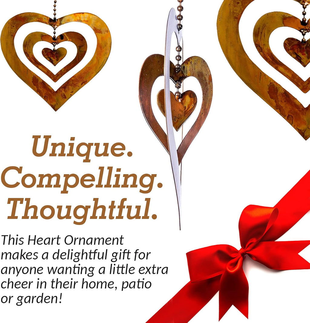 Happy Gardens Hanging Heart Ornament Spinner with a Flamed Finish | Outdoor Heart Decorations for Valentine's Day, Mother's Day | Garden and Backyard Gifts