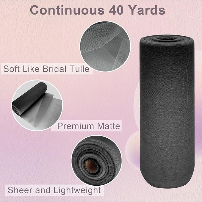 Black Tulle Fabric Roll Spool Bolt (54 Inch by 40 Yards) Large Tulle Wedding Party Decoration, Tutu Skirt, Table Runner, Gift Wrapping, Bridal Shower, Soft & Drape (Black)