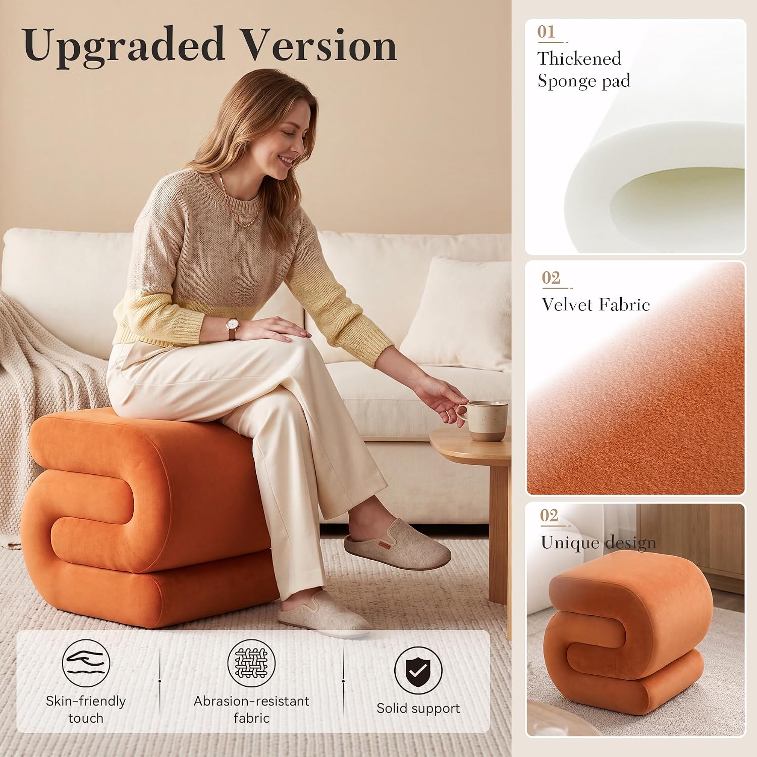 FOXHUNTER S Shape Modern Pouf Ottoman Vanity Stool, Velvet Orange | Footstool with Sponge Filling, No Assembly Required, Soft Shoe Stool, for Makeup Room Living Room Bedroom Entrance