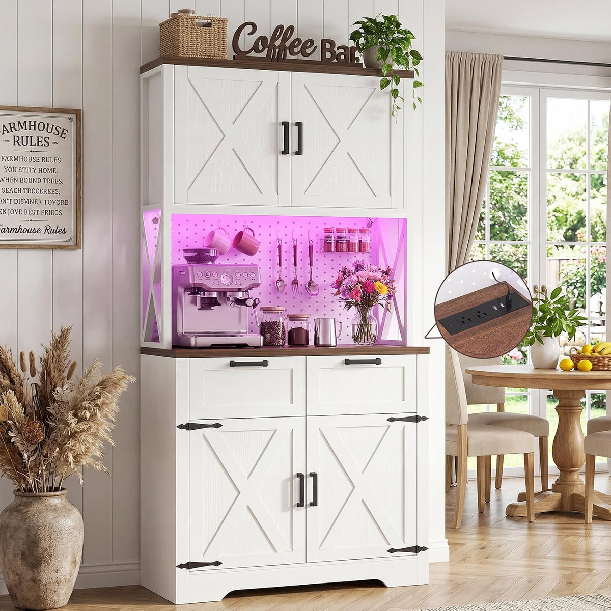 Unikito Pantry Cabinet with Microwave Countertop, 71" Tall Kitchen Pantry Storage Cabinet with Charging Station & LED Lights, Freestanding Kitchen Hutch with Drawers& Pegboard for Dining Room, White