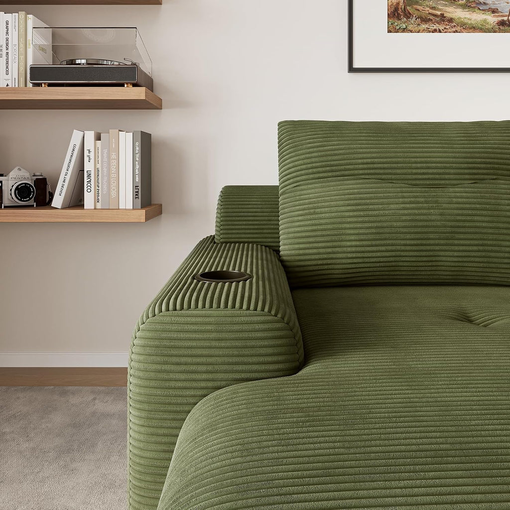 69” Floor Chaise Lounge Chair Indoor, Oversized Chaise Lounge Reading Chairs with 4 Side Pockets and 2 Cup Holders, Comfy Corduroy Sleeper Sofa Bed for Living Room Bedroom Apartment, Green