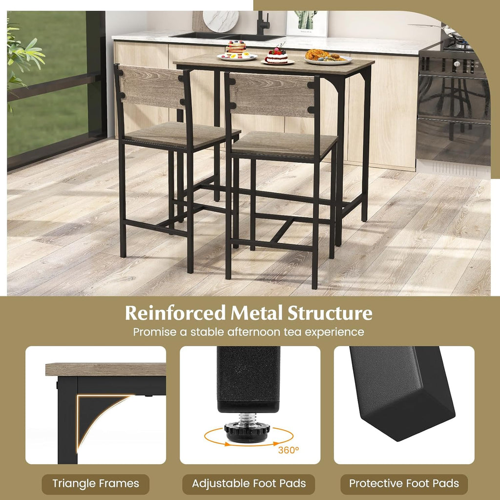 GOFLAME 3-Piece Bar Table Set, Counter Height Pub Table & 2 Barstools with Metal Frame, Industrial Space Saving Dining Set for Kitchen, Dining Room, Bistro, Restaurant, Small Space, Grey