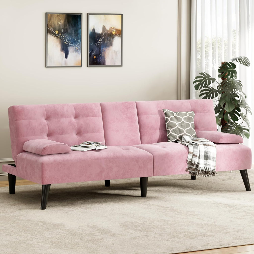 JAMFLY Futon Sofa Bed, 64" Small Futon Couch with Adjustable Backrest, 3-Angle Recliner, Detachable Armrests with Cup Holders for Small Spaces (Pink Velvet)