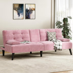 JAMFLY Futon Sofa Bed, 64" Small Futon Couch with Adjustable Backrest, 3-Angle Recliner, Detachable Armrests with Cup Holders for Small Spaces (Pink Velvet)