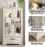47" H Lighted Curio Cabinet Display Case, Glass Case with Adjustable Shelves,Tempered Glass Door and Drawer, Wooden Curio Cabinet with Mirrored Back Pane for Living Room (Antique White)