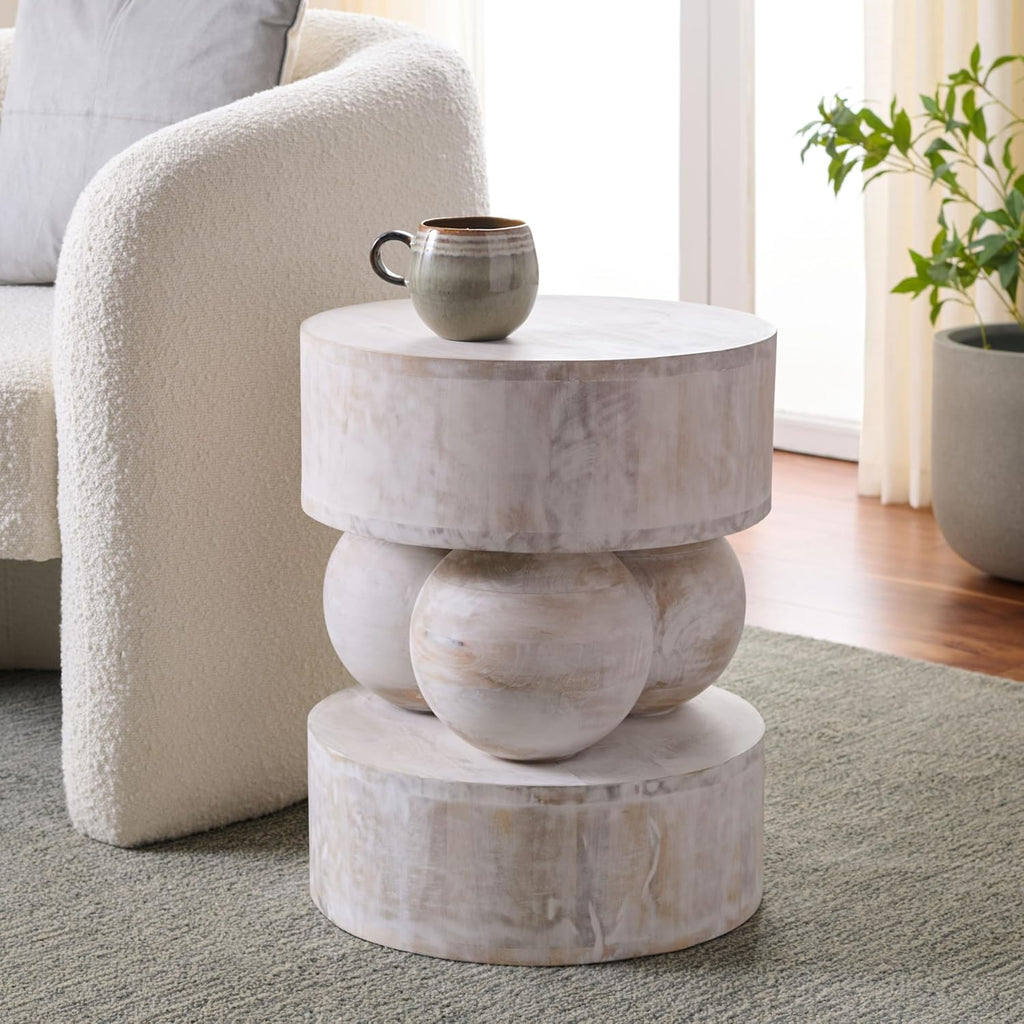 SAFAVIEH Home Collection - Xavier White Washed Solid Wood Accent Table, Sculptural Round Side Table, Fully Assembled (ACC3262A)