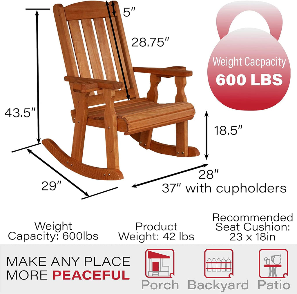 Amish Casual Heavy Duty 600 Lb Mission Pressure Treated Rocking Chair with Cupholders (Cedar Stain)