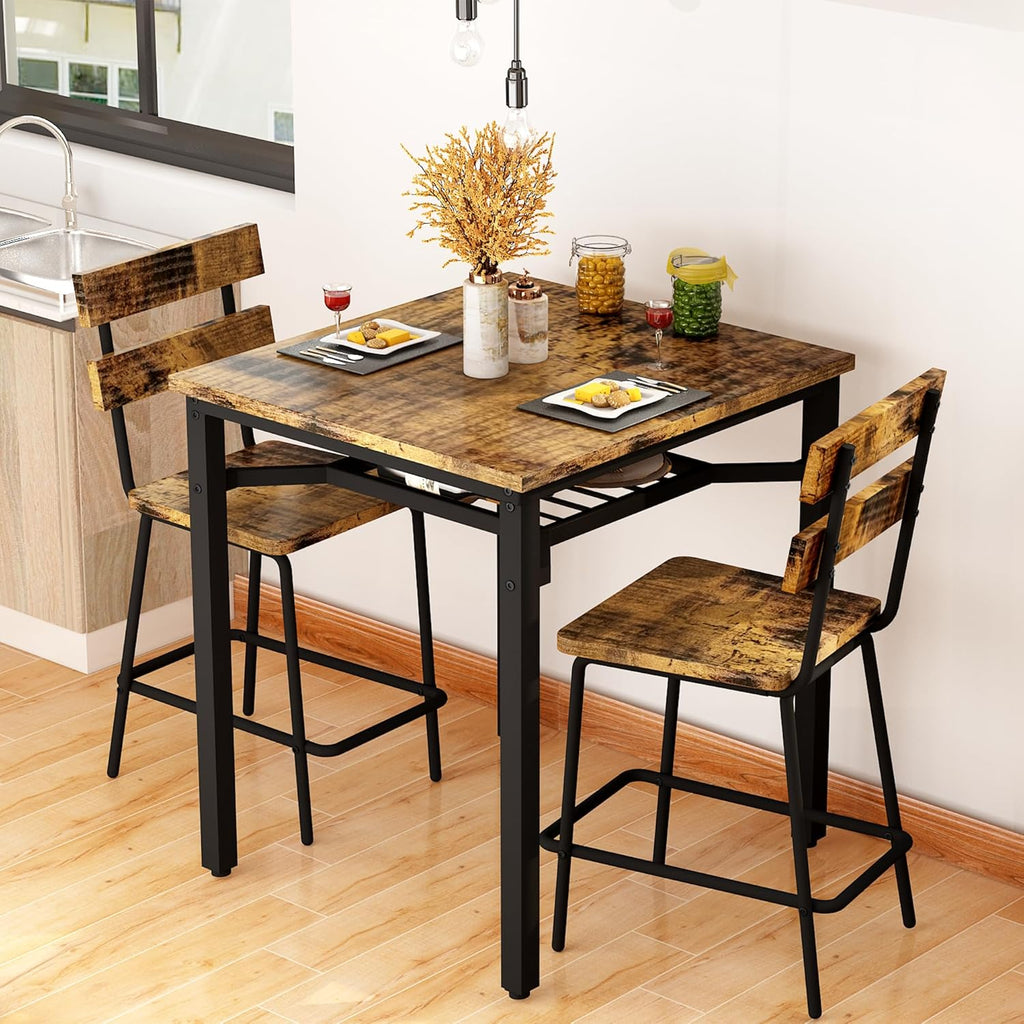 Hooseng 3 Piece Bar Table and Chairs Set, Counter Height Small Dining Table with 2 Bar Stools, Farmhouse Square Kitchen Table with Storage for Bistro, Pub, Small Space