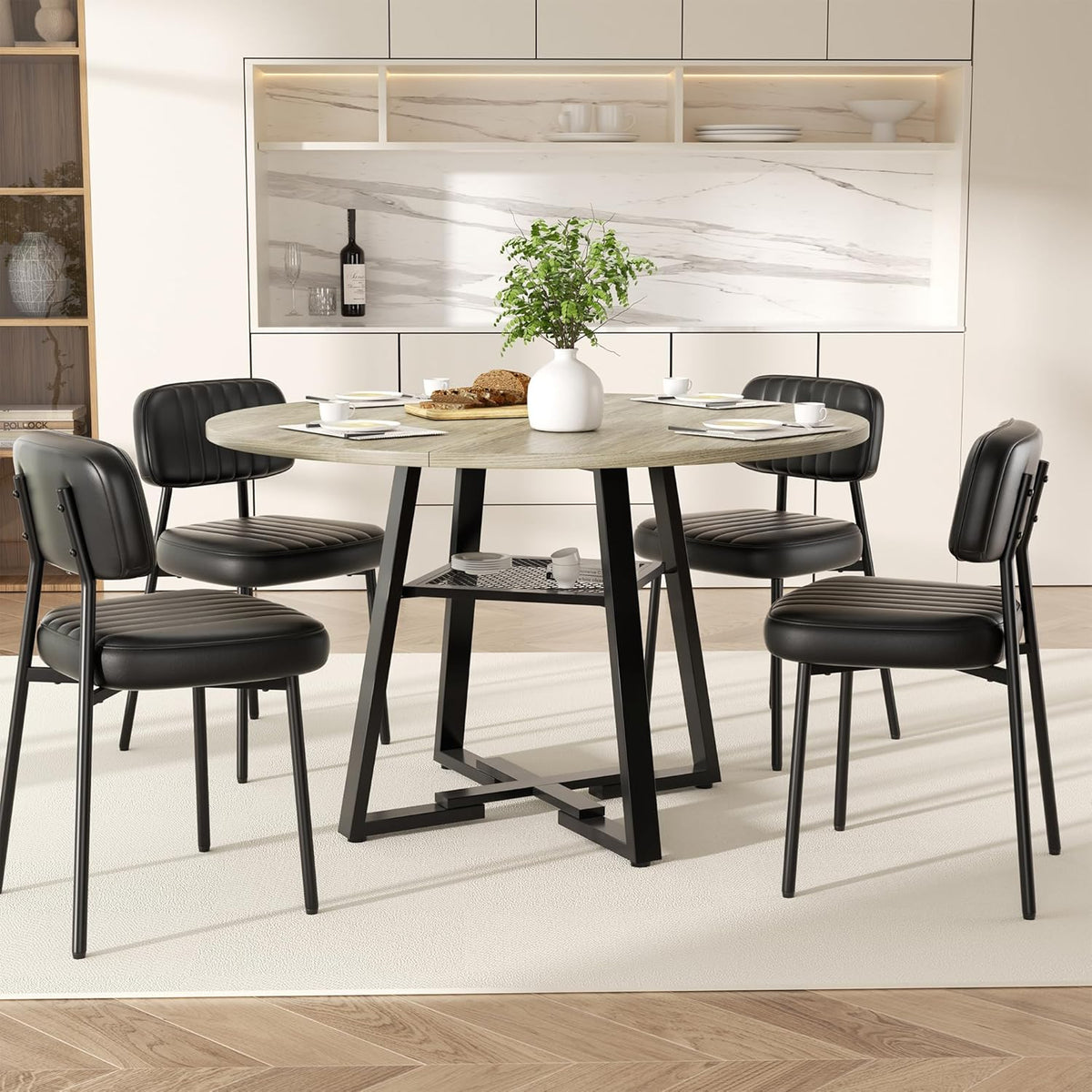 Round Dining Table for 4-6 People,47 Inch Dining Room Table,Modern Circle Kitchen Table with Storage Shelf and Metal Legs for Dining Room,Kitchen,Grey (Table Only)