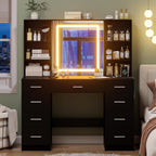 Black Vanity Desk with Mirror and Lights,Makeup Vanity with 9 Drawers, 6 Shelves & Power Outlet,Touch Screen Mirror Dressing Vanity Table, 3 Color Adjustable, Girls Vanity, Bedroom