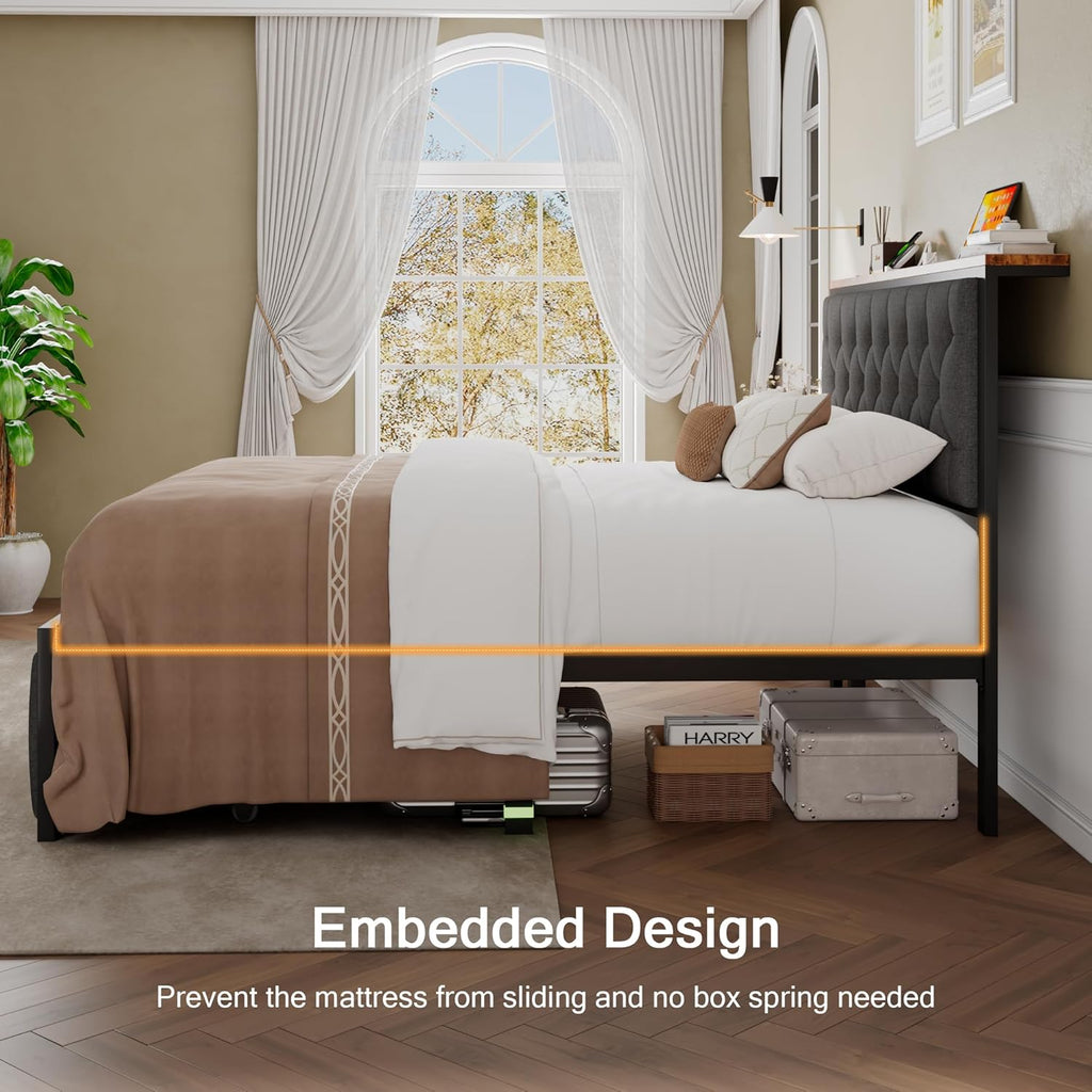 Einhomn Queen Bed Frame with 2 Storage Drawers, Metal Platform Bed with Charging Station, Upholstered Button Tufted Storage Headboard, No Box Spring Needed, Easy Assembly, Noise-Free, Grey