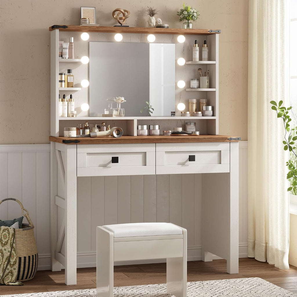 EnHomee Farmhouse Vanity Desk, Mirror & Lights, Women Bedroom, White
