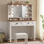 EnHomee Farmhouse Vanity Desk, Mirror & Lights, Women Bedroom, White
