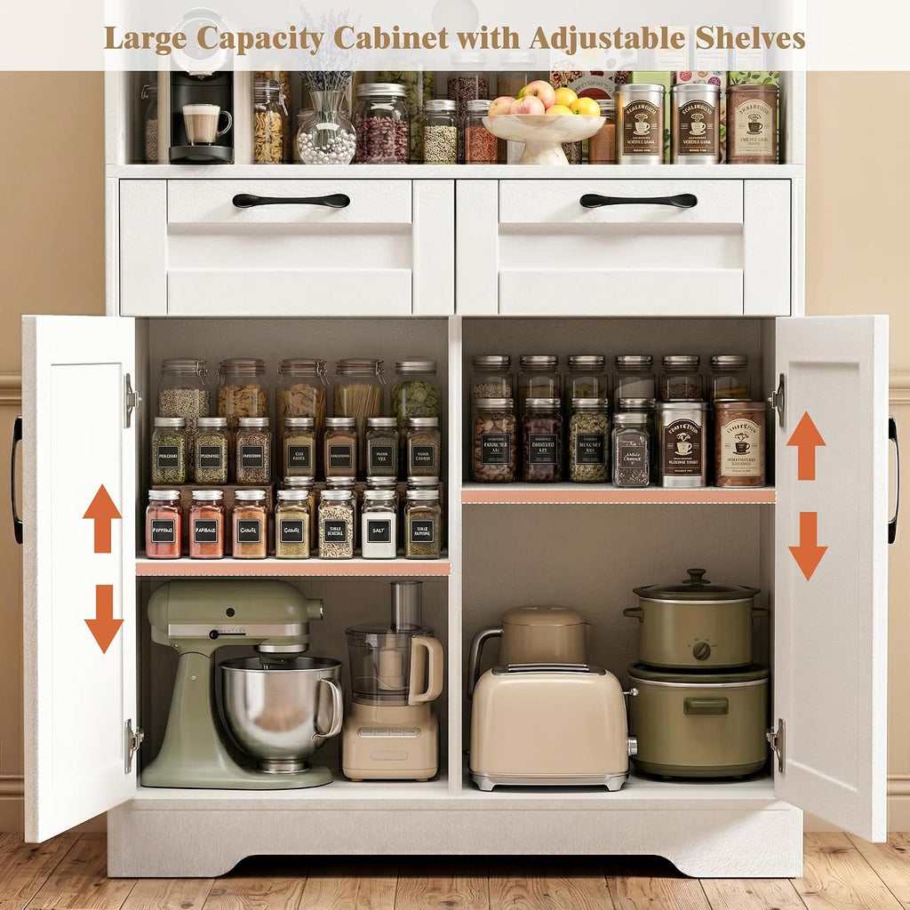 Tall Kitchen Pantry Cabinet with 2 Drawers, White Hutch Cabinet with Storage, Kitchen Pantry Storage Cabinet with Countertop and Adjustable Shelf, Tall Pantry for Kitchen