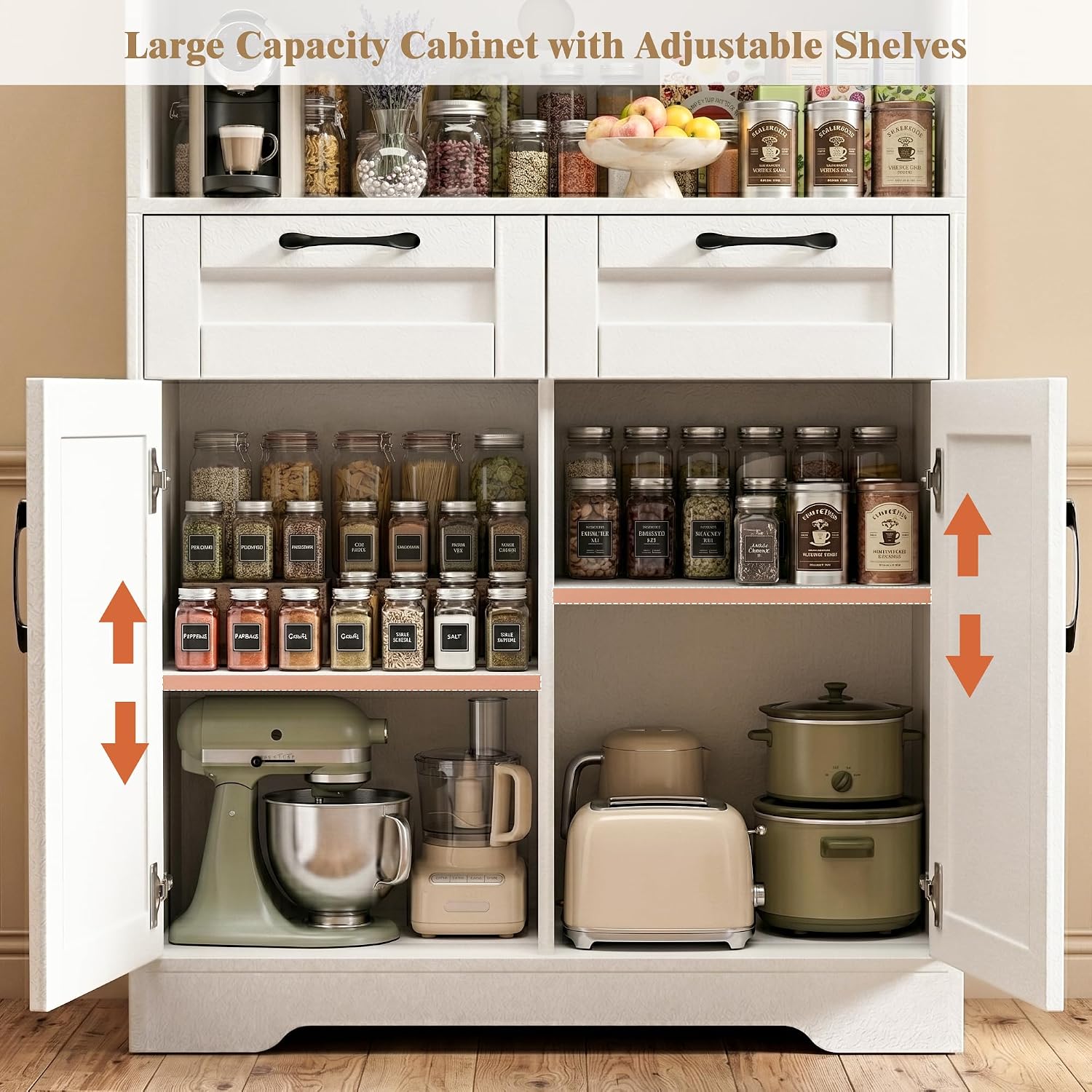 Tall Kitchen Pantry Cabinet with 2 Drawers, White Hutch Cabinet with Storage, Kitchen Pantry Storage Cabinet with Countertop and Adjustable Shelf, Tall Pantry for Kitchen
