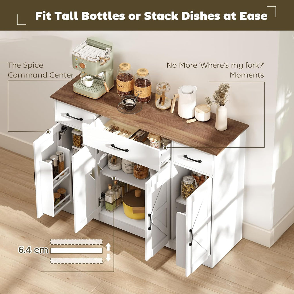 HOMCOM 47" Sideboard Buffet Cabinet, Farmhouse Credenza with Soft-Close Hinges, Coffee Bar Cabinet with Spice Racks, 3 Drawers and 3 Adjustable Shelves, White