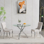 3-Piece Round Glass Dining Table Set for 2, 36" Small Kitchen Table with 2 Velvet Tufted Chairs Modern Silver Glass Dining Room Table Set for Home Kitchen Living Room