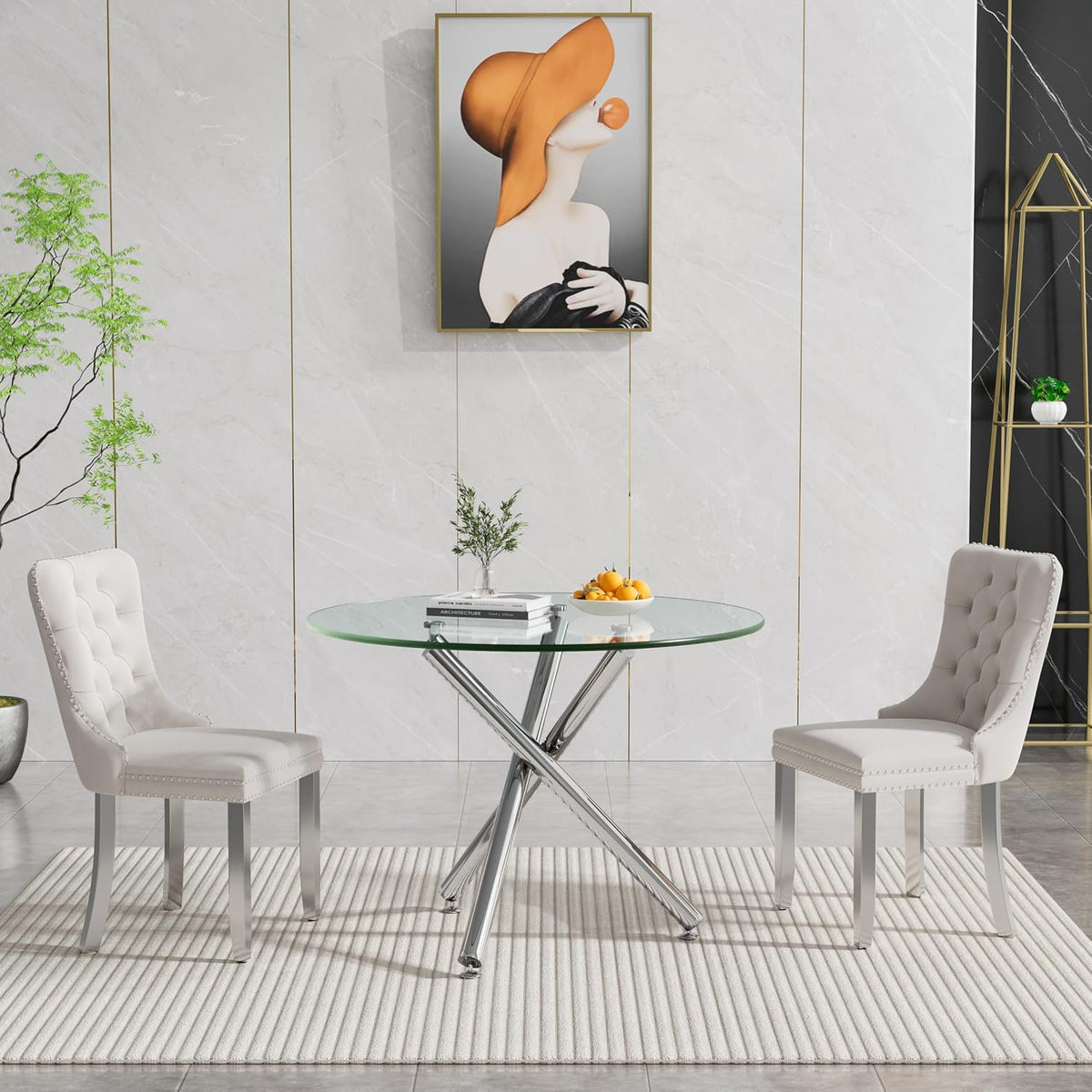3-Piece Round Glass Dining Table Set for 2, 36" Small Kitchen Table with 2 Velvet Tufted Chairs Modern Silver Glass Dining Room Table Set for Home Kitchen Living Room