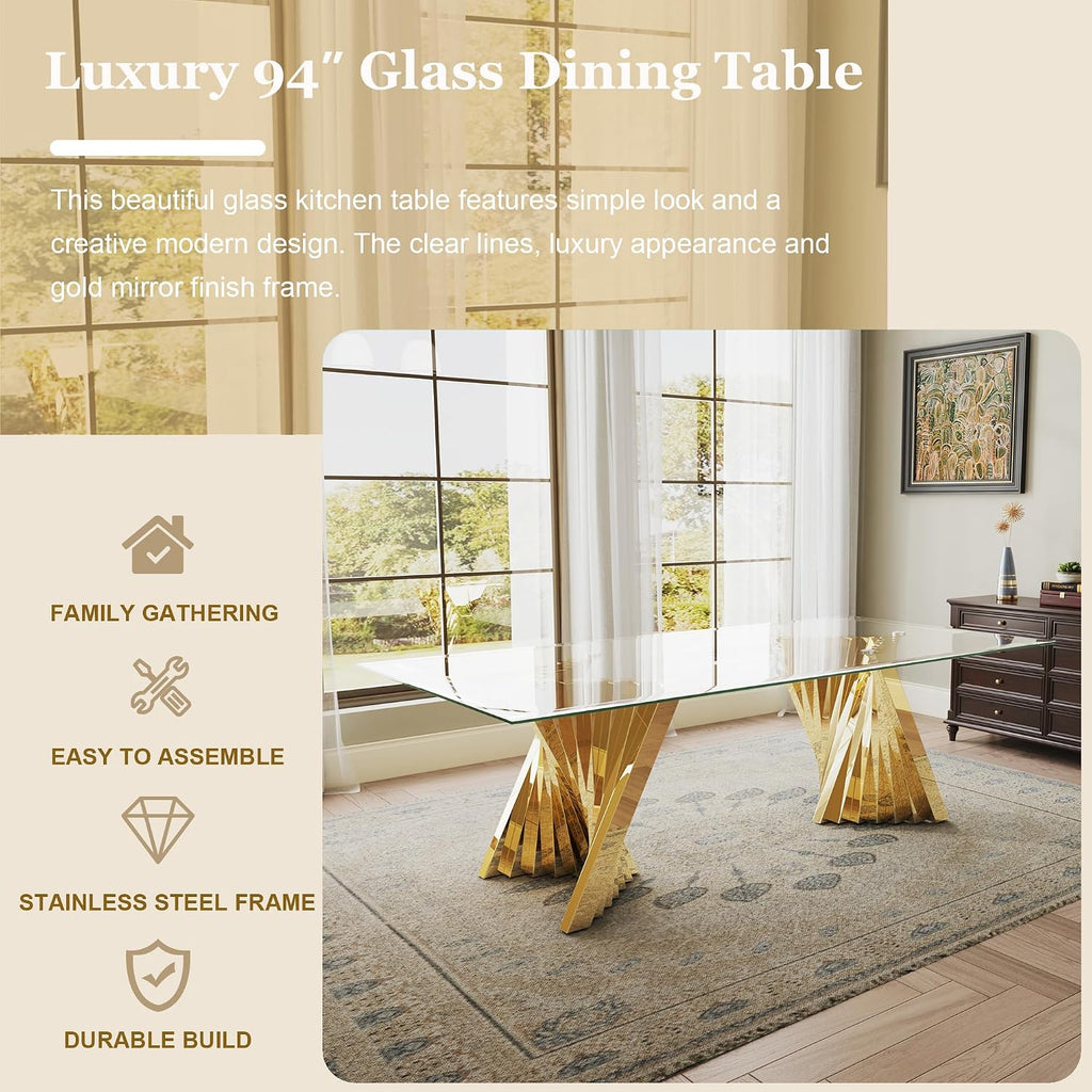 Luxury 94" Glass Dining Table for 8-10 People, Modern Rectangle Tempered Glass Top & Gold Stainless Steel Base, for Dining Room or Kitchen