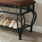 Bluecat Entryway Shoe Bench with Brown Padded Cushion, Metal Frame Multi-Functional Shoe Changing Bench for Hallway Living Room Bedroom