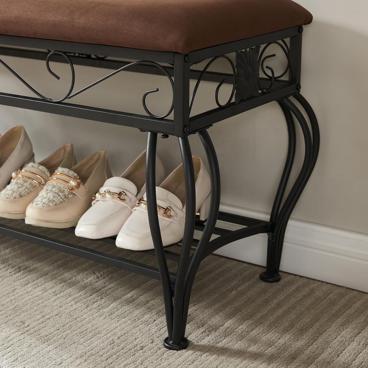 Bluecat Entryway Shoe Bench with Brown Padded Cushion, Metal Frame Multi-Functional Shoe Changing Bench for Hallway Living Room Bedroom