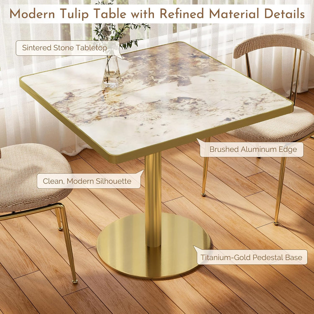 31.5 Inch Square Tulip Table with Thickened Sintered Stone Tabletop & Golden Metal Pedestal, Small Dining Table Bistro Table for Diner, Bar, Restaurant, Café, Bakery, Apartment (Amber Vein)