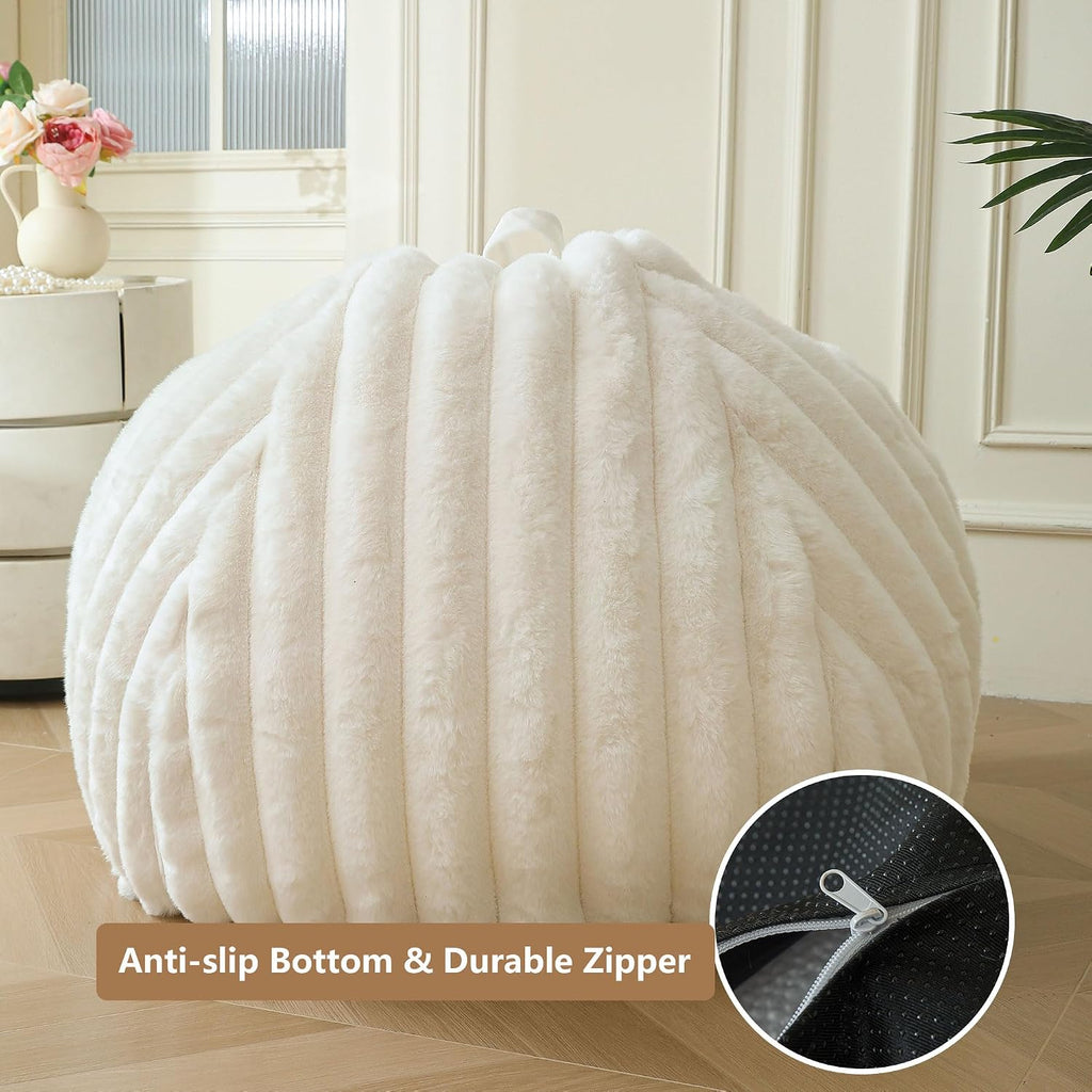 MEGO 3FT Fluffy Faux Rabbit Fur Bean Bag Chair Cover, No Filler, Beige | Plush Ribbed Stuffed Animal Bean Bag Storage, Washable & Anti-slip, Decor Furry Striped Large Beanbag Cover for Girls Adults