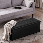 YOUDENOVA 43" Ottoman with Storage, Folding Faux Leather Bench, Black | Foldable ottoman with hidden storage, padded faux leather seat and sturdy MDF frame for everyday use.
