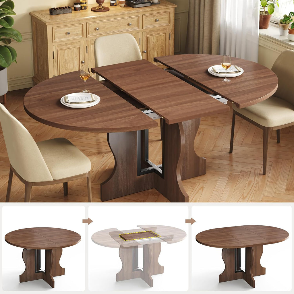 Mondeer Extendable Round Dining Table for 4-6, 43.3"-59" Oval Dining Table with Heavy Duty Wood Base and Hidden Extension Storage Space Saving, for Kitchen Living Room (Walnut)