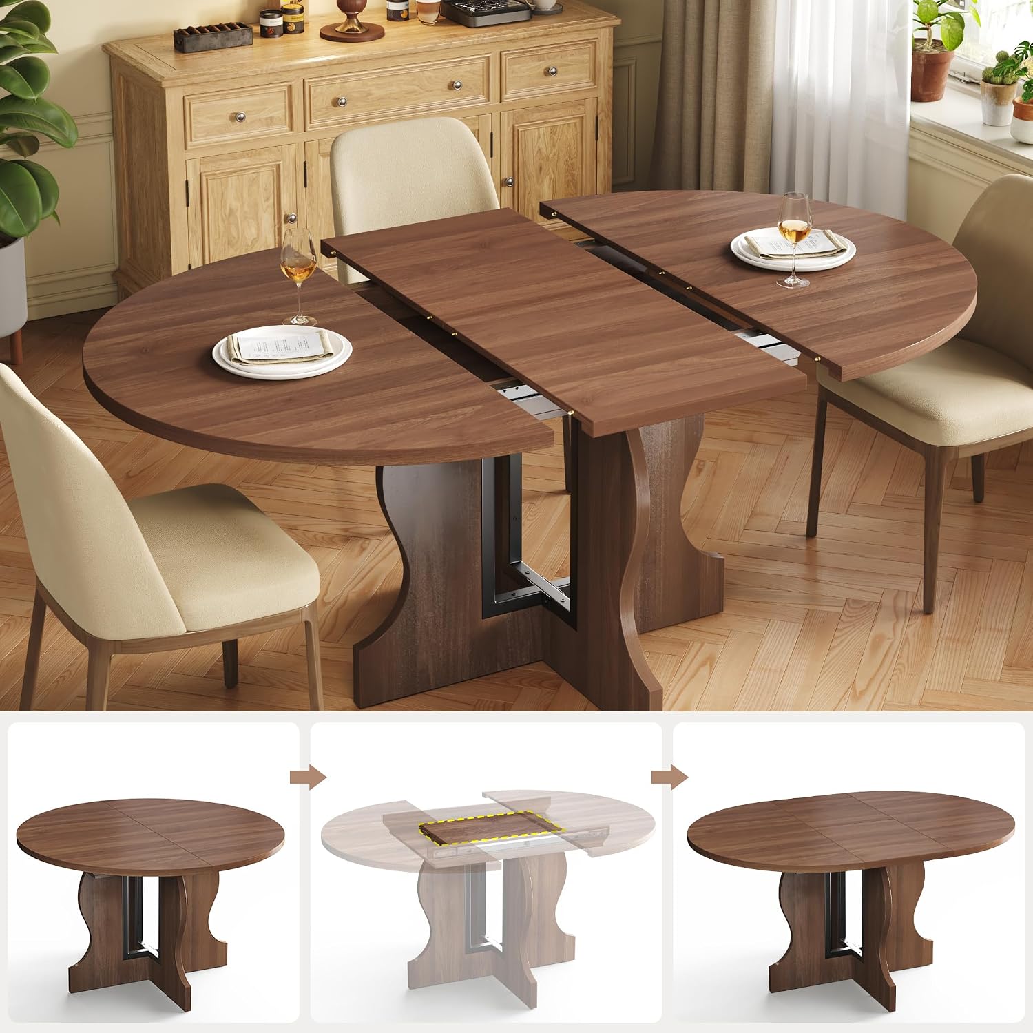 Mondeer Extendable Round Dining Table for 4-6, 43.3"-59" Oval Dining Table with Heavy Duty Wood Base and Hidden Extension Storage Space Saving, for Kitchen Living Room (Walnut)