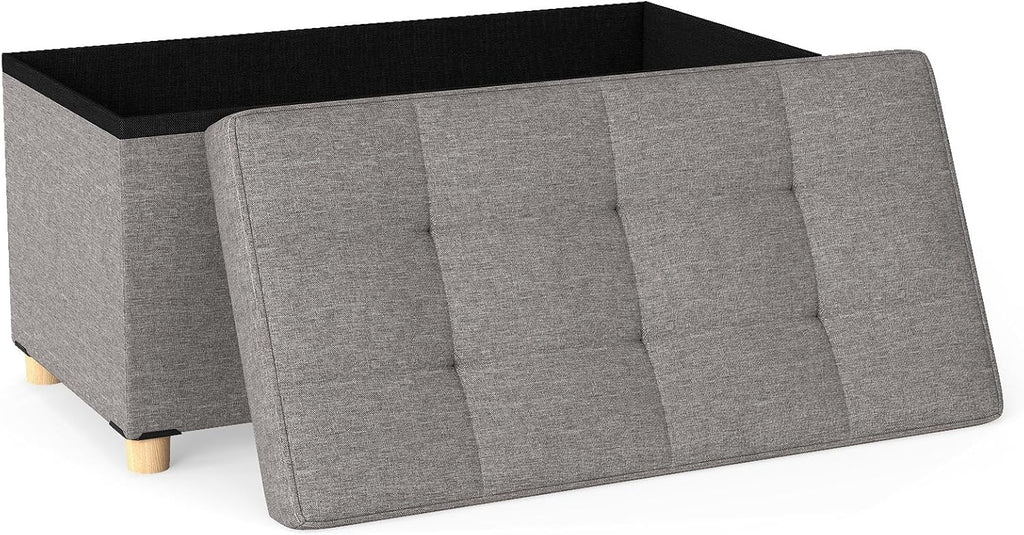 GOFLAME 30 Inches Storage Ottoman Bench, Linen Fabric Footstool with Flip Top Tray, Padded Foot Rest Stool, Rectangular Eed of Bed Bench, Storage Chest for Living Room, Entryway, Bedroom